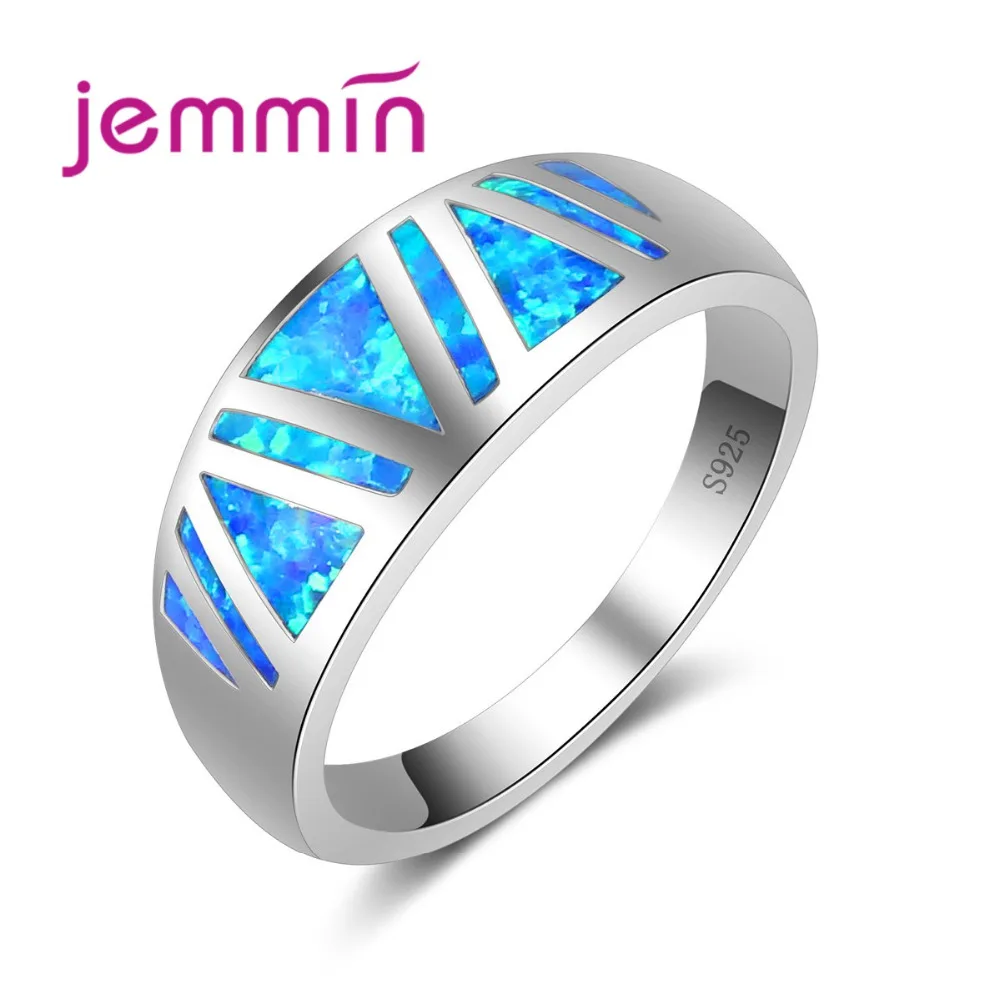 

High Quality Geometric Shape Blue Fire Opal Ring 925 Sterling Silver Wedding Party Finger Rings For Women Men Anel