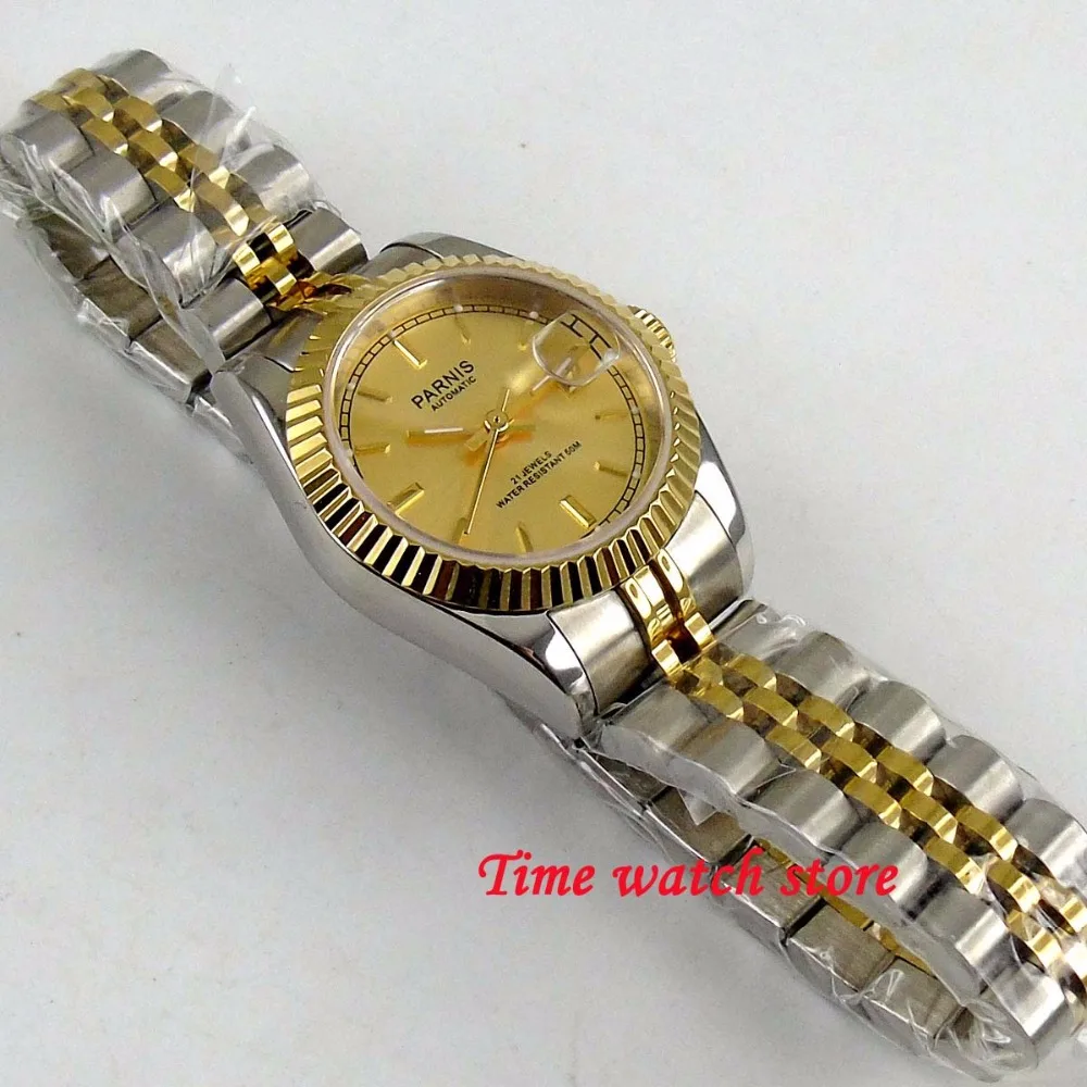 Parnis 26Mm Dames Horloge Miyota 6t51 Saffier Glas Automatische Beweging Womens Polshorloge Datum Gouden Wijzerplaat Bezel Effen