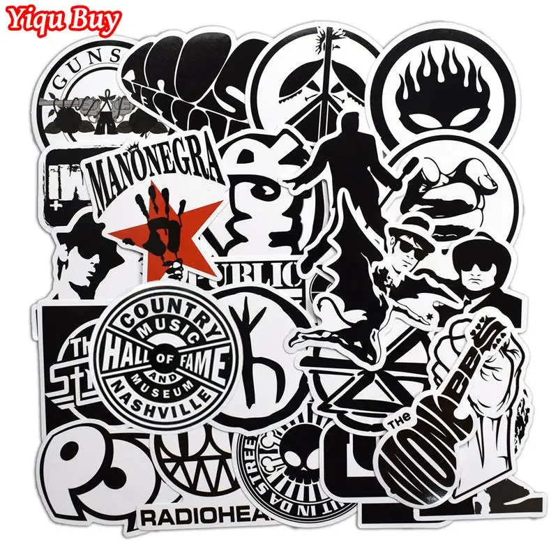 

50 Pcs Rock & Roll Black and White Stickers for Laptop Skateboard Luggage Guitar Suitcase Music Punk Graffiti PVC Sticker Pack