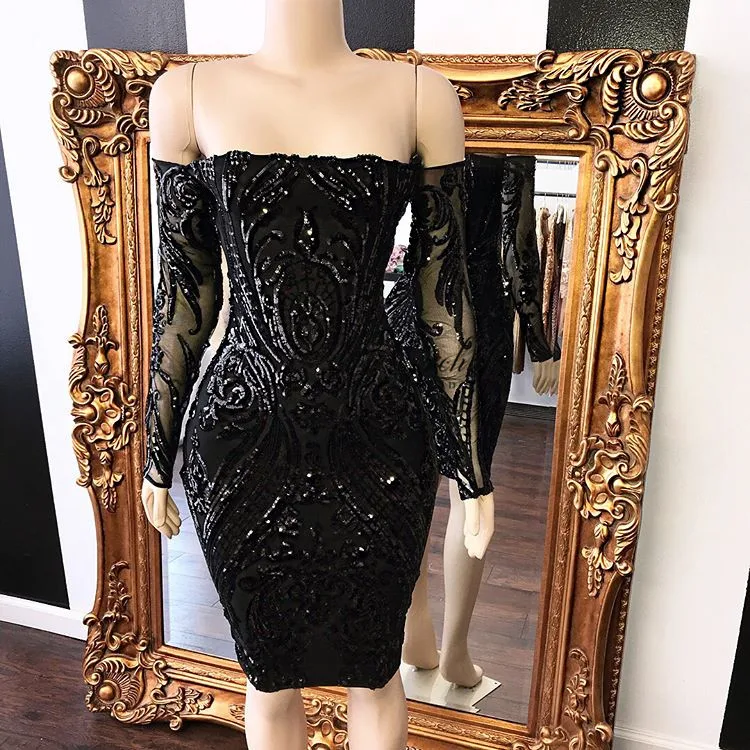 PEORCHID Black Sequin Short Cocktail Dresses Long Sleeves Strapless Knee Length Semi Formal Dresses Women Prom Gowns 2019