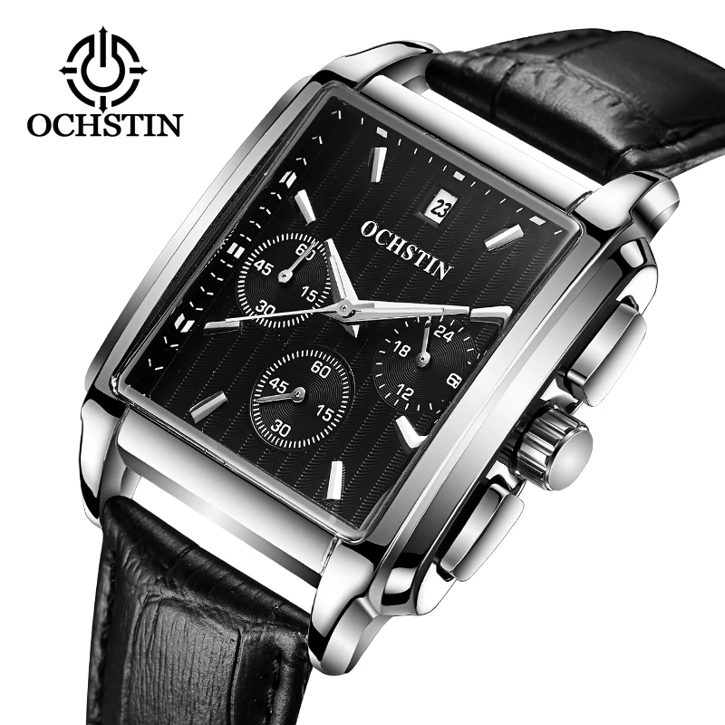 

OCHSTIN 2019 Men Square Quartz Black Watch Luxury Brand Business Wriswatch Male Leather Strap chronograph Analog Clock relogio