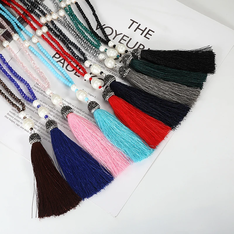

Fashion Tassel Long Necklace For Women Crystal Beads Baroque Pearl Vintage Necklaces Handmade White Blue Red Fringe Necklace