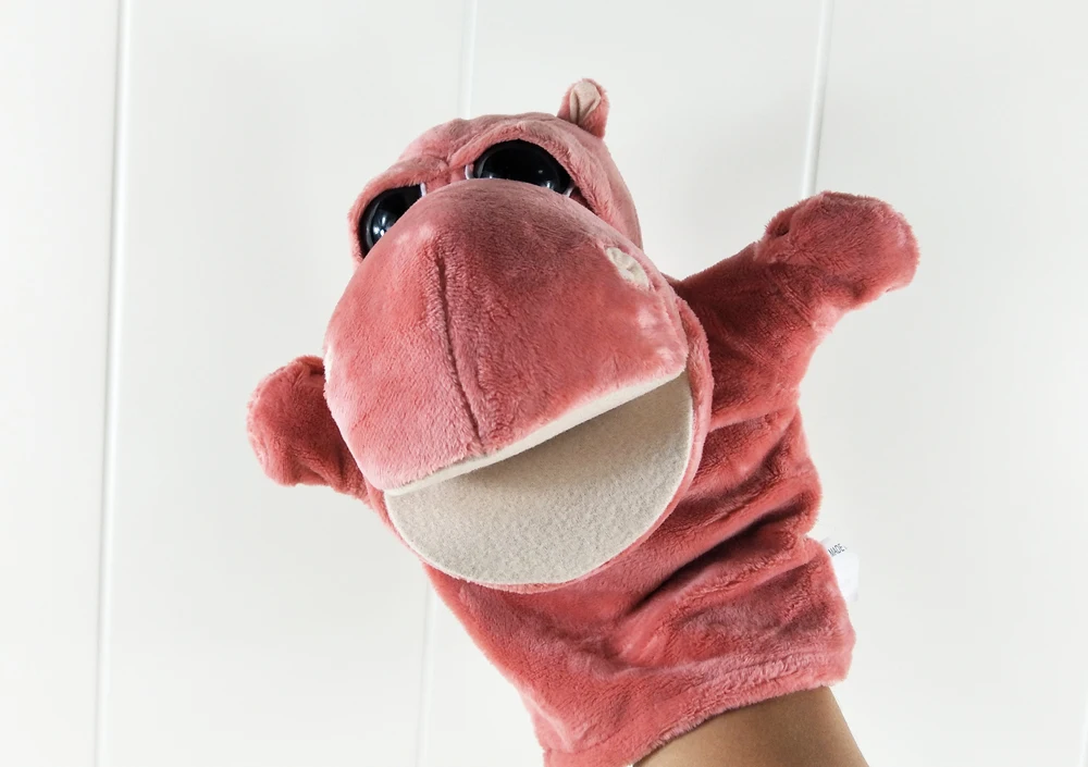 Peluche con burattino a mano per bambini a bocca grande con ippopotamo rosso