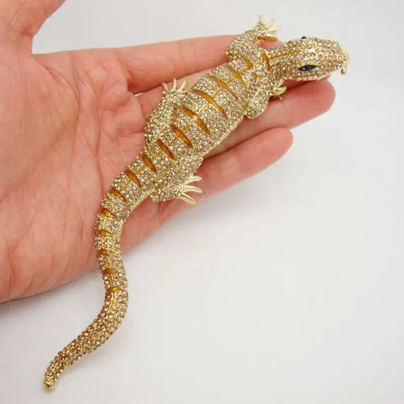 

Huge Animal 6.42" High Quality Gecko Pin Brooch Brown Crystal Rhinestone Animal Lizard Pendant