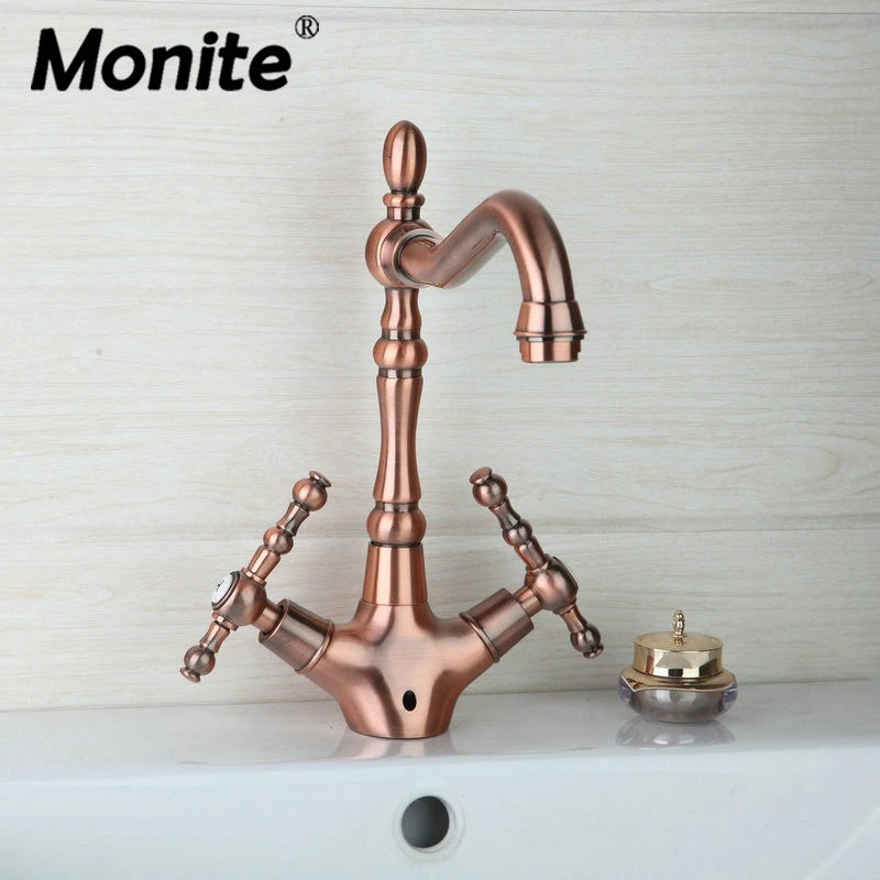 

Monite Vintage Antique Copper Kitchen Basin Sink Faucet Brushed Swivel 360 Deck Mount 2 Handle Hole Faucet Basin Mixer Tap