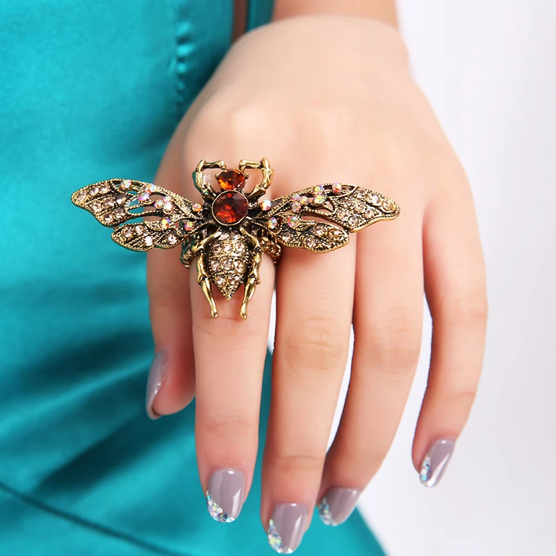 Colorful Crystal Stone Inlaid Anti Gold Color Metal Bee Rings Elastic Adjustable Finger Ring Fashion Women Party Jewelry