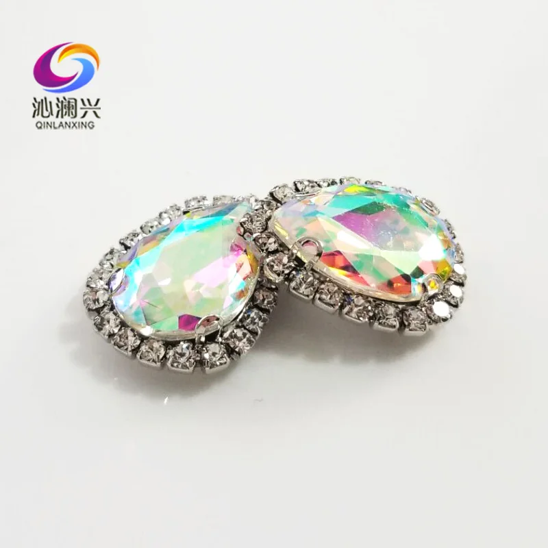 Top Grade Silver Bottom Glass Crystal Buckle, AB Color Drop Shape Sew on Rhinestones,Diy/wedding Decoration SWSKY06