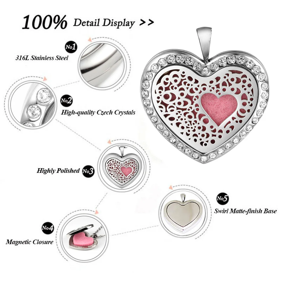 Kids Aromatherapy Essential Oils Diffuser Necklace Magnetic Perfume Locket With Crystals 316 Stainless Steel Heart Shape Pendant