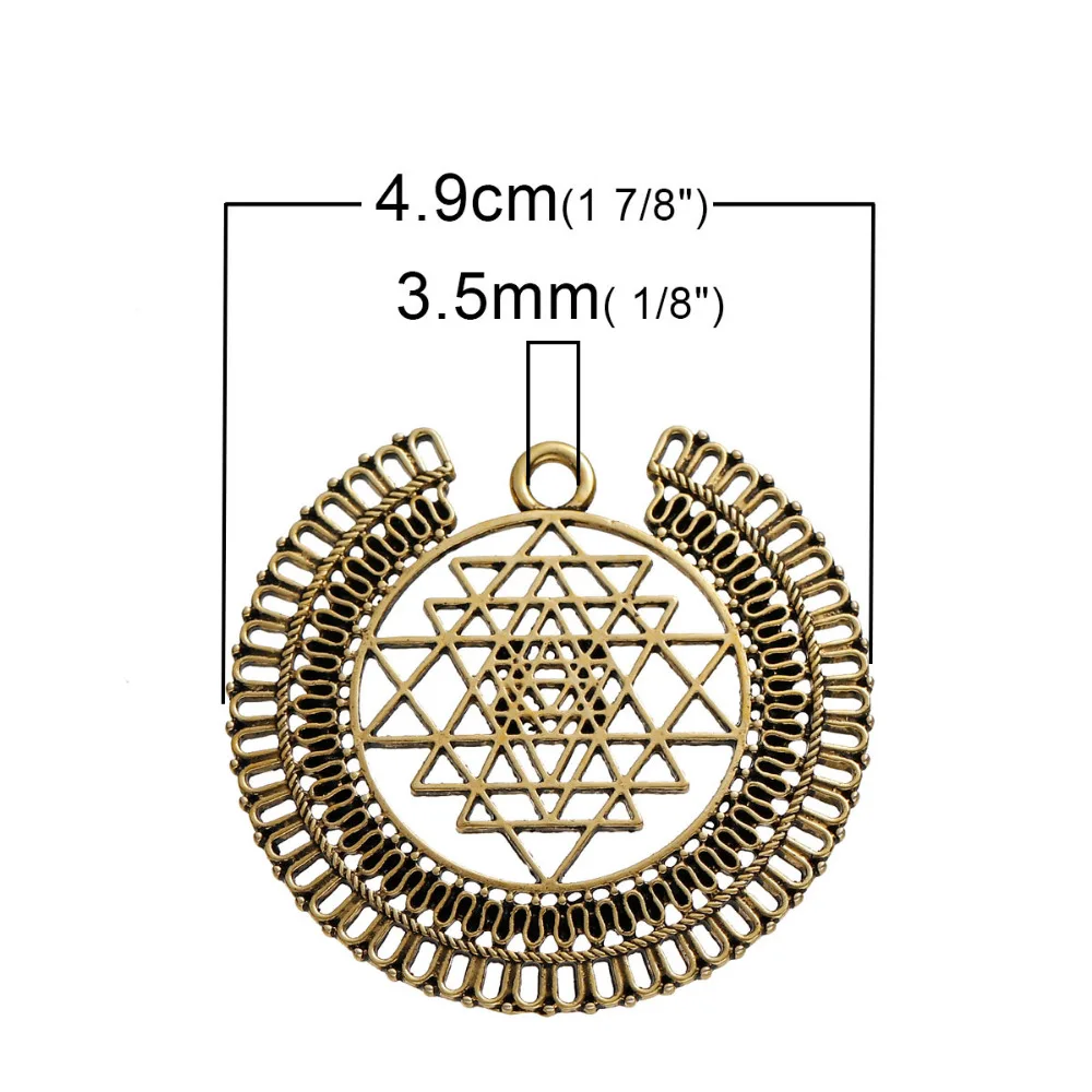 DoreenBeads Zinc Based Alloy Antique Gold Round Gold Tone Sri Yantra Meditation Pendants Hollow DIY Components 49mm x 47mm, 2 P