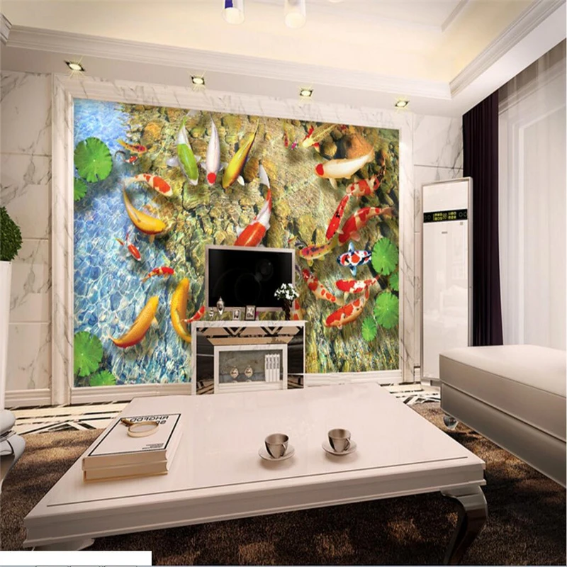 beibehang floor painted wall stickers Chinese lotus carp room living room 3D floor papel de parede 3d para sala atacado