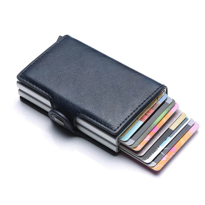 Europe Designer RFID Protection Men\'s Leather Credit Card Holder Double Aluminum Bank Card Protector Case ID Wallet For Man