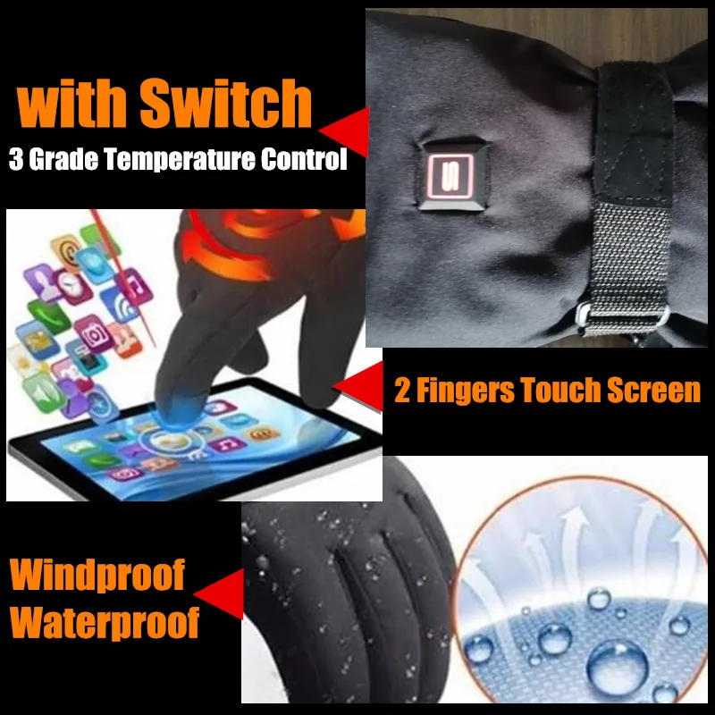 Smart Touch Screen Electric Heated Gloves,Outdoor Sport Skiing Gloves 5 Finger&Hand Back Li-Battery Self Heating 3 Gear Switch