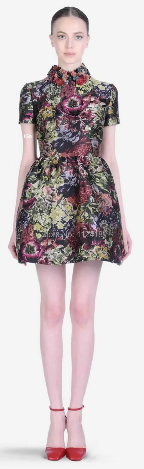 

High Quality Vintage Multicolored Floral Print Women A-Line Dress Short Sleeve Party Dresses 12192