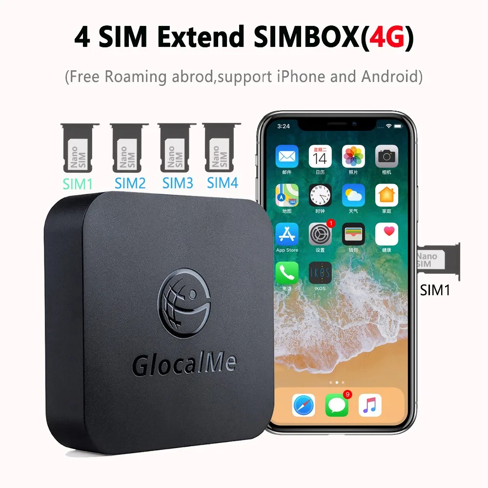 4G SIMBOX 4SIM Dual Standby Free Roaming Abroad for iOS8-13 & Android to Transfer Call &SMS No Need Carry