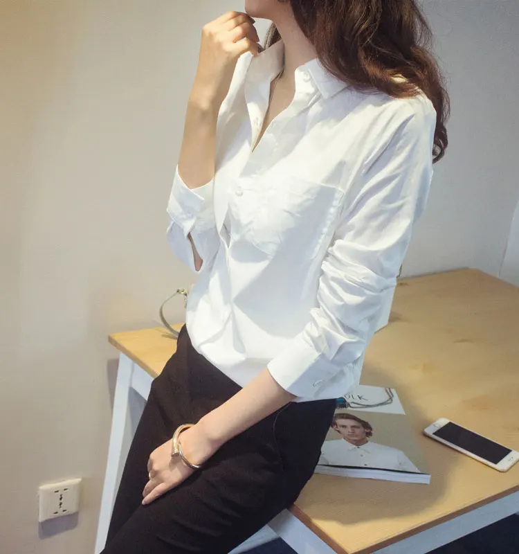 Casual Long Blouse  Womens Boyfriend White Tops Fashion Full Sleeve Turn-Down Collar Plus Size Loose Contton Shirts