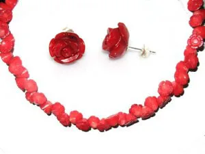 17 inches 12mm Red Carved Flower Natural Coral Beaded Necklace Set