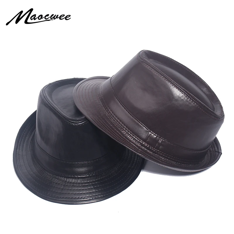 PU Leather Fedora Hats Vintage Jazz Cap Cowboy Gentleman Bowler Short Brim Floppy Trilby Panama Hat Hip Hop Black Cap Men Women