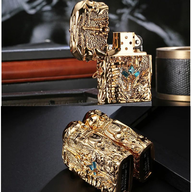 Pure Copper Oil Lighter Vintage Lich King Relief Kerosene Lighter Fire Cigarette Retro Metal Tobacco Men Gadgets Smoker Gift