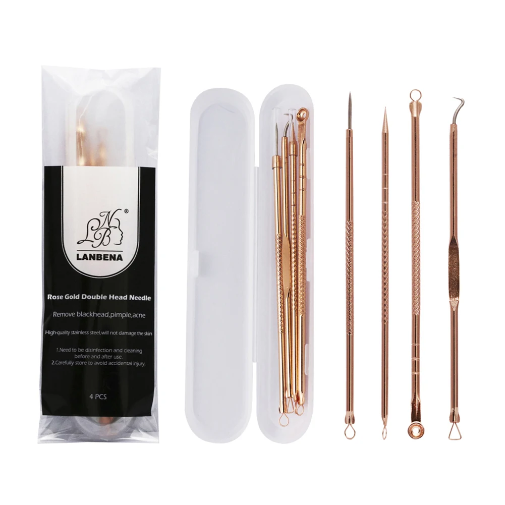 4Pcs Edelstahl Rose Gold Akne Extractor Remover Kit Mitesser Makel Entfernen Pickel Nadeln Behandlung Gesicht Hautpflege Werkzeuge