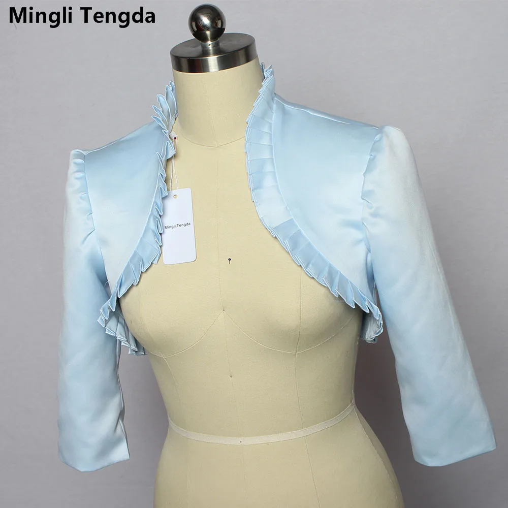 Mingli Tengda Sky Blue Stain Hochzeit Bolero Wraps Braut Jacke Cape 3/4 Ärmeln Wellig Rüschen Braut Bolero Frauen Schal Brust