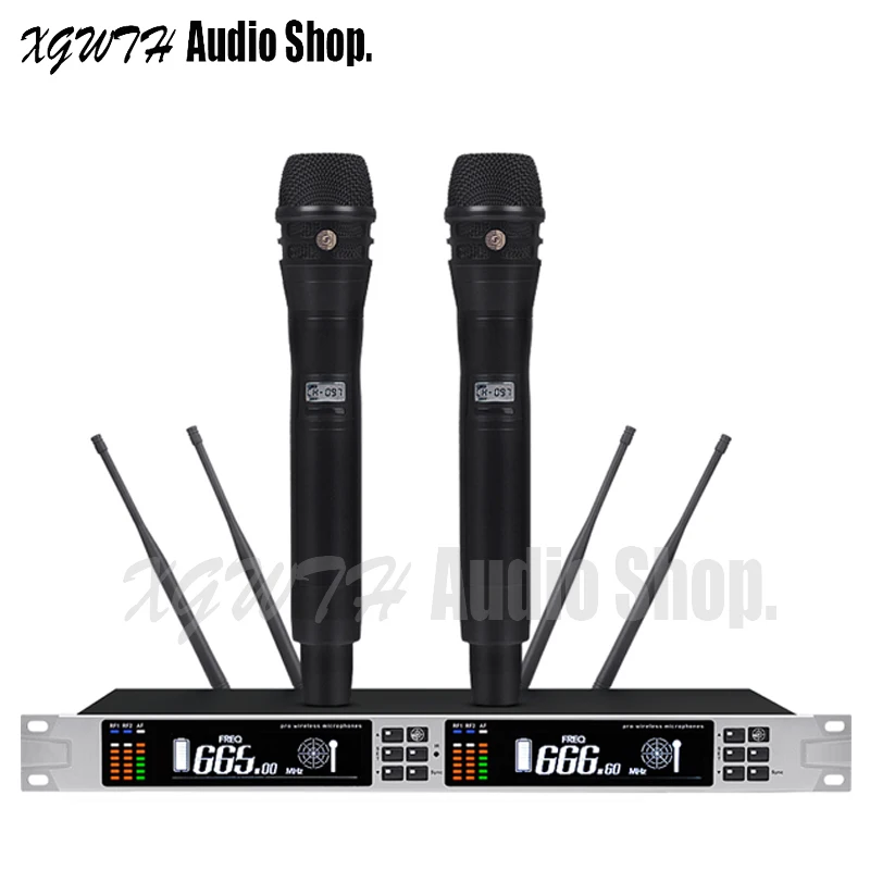 

Professional Karaoke Stage Performance Wireless Microphone System UHF True Diversity 4 Antenna 2 Handheld Mic Perfect Sound