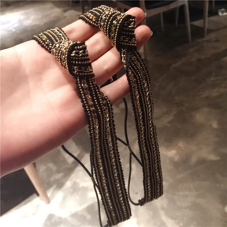 India Bohemian Gold Double Row Metal Chain with Beads Bow Headbands Jewelry for Women Party Wedding Hair Accessories Headpiece