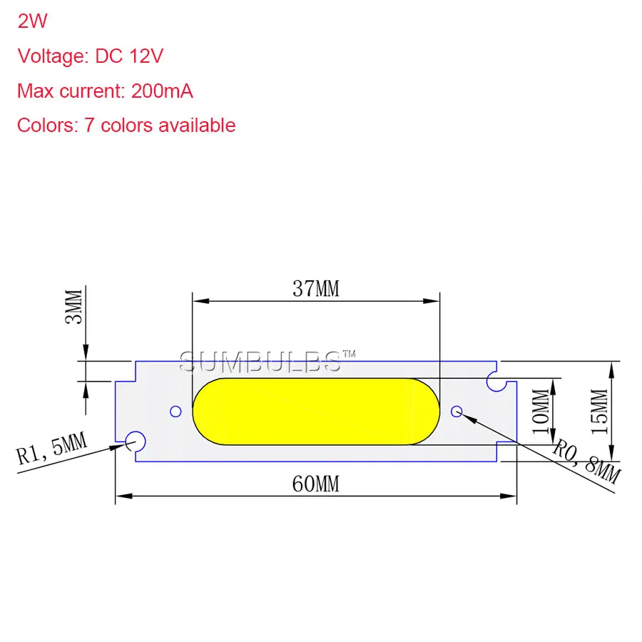 COB LED Light Chip para Iluminação DIY, Branco, Amarelo, Laranja, Verde, Azul, Vermelho, Roxo, Matrix Lamp, 6cm, DC 12V, 2W, 60x15mm, PCes 10