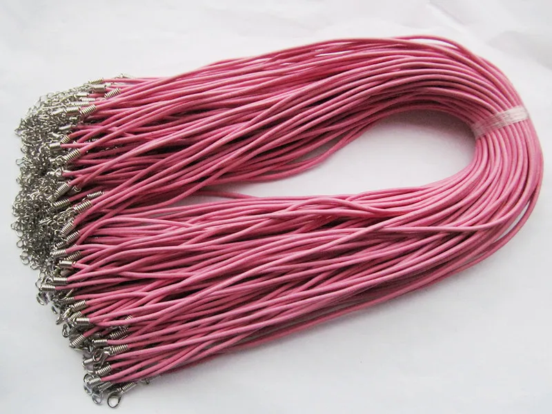 100pcs 2mm 16-18inches Adjustable Pink Genuine Leather Necklace Cord Rope String,1.8inch Extender Chain,12x7mm Lobster Clasp