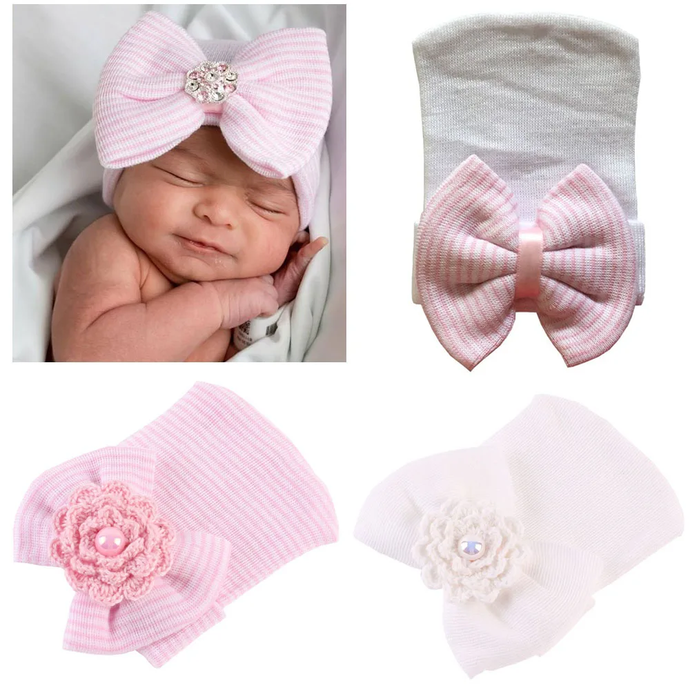 Newborn Hospital Hat Infant Baby Hat Cap with Big Bow Soft Cute Knot Nursery Cotton Knitted Beanie 1pc