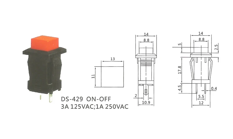 IP40 DS-429 3A 125VAC ON-OFF Square Head Plastic Push Button Switch