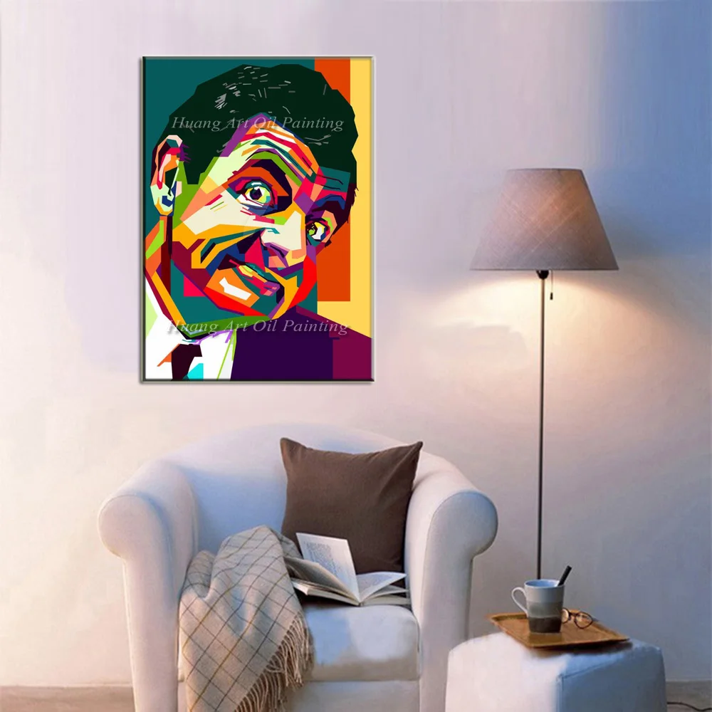 New Hand Painted Famous Man Mr Bean Canvas Abstract Colorful Portrait Oil Painting Actor Rowan Atkinson Acrylic Paintings