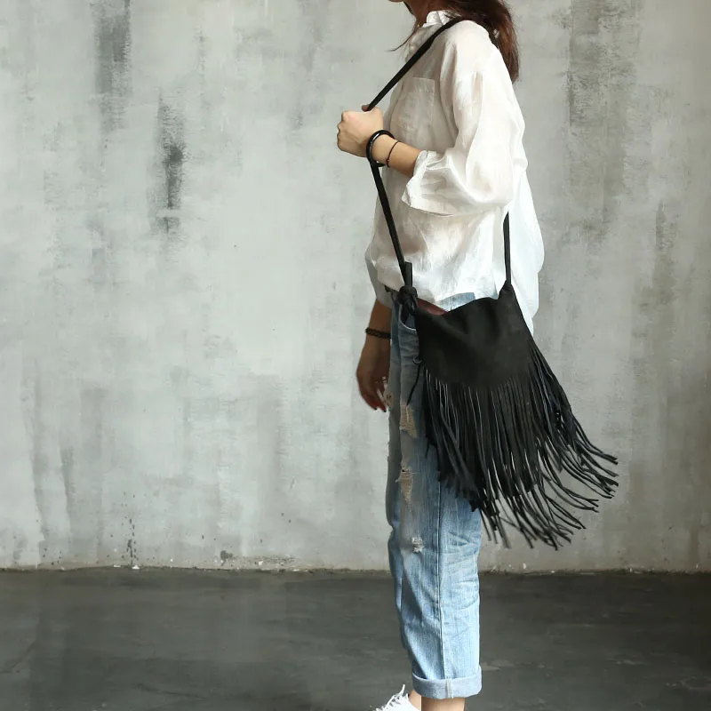 

Vendange New fashion Casual Vintage handmade Italy sheepskin tassel genuine leather bag / shoulder bag / messenger bag2098