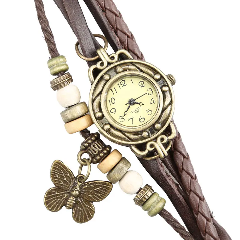 Unique Butterfly Vintage jewelry Watch Women Lady Vintage Retro Rivet Braided Bracelet Leather Strap Dress Watch Sister Gift