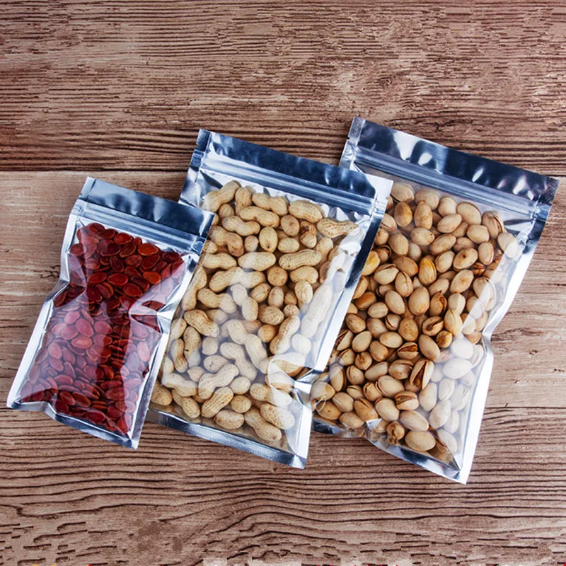 Clear Font Glossy Silver Window Ziplock Bag Resealable Silver Plastic Sugar Candy Coffee Powder Spice Storage Packaging Pouches