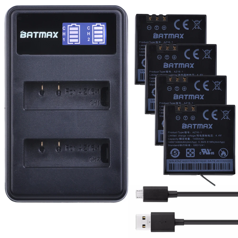 

Batmax AZ16-1 батарея 4 шт + LCD USB двойное зарядное устройство для оригинального Xiaomi YI lite 2 4K 4k для Xiao yi 4k батарея для экшн-камеры