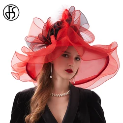 FS Elegant Red Fascinators Organza Kentucky Derby Hats For Women Large Big Brim Wedding Bride Tea Party Cap Summer Sun Hat 2024