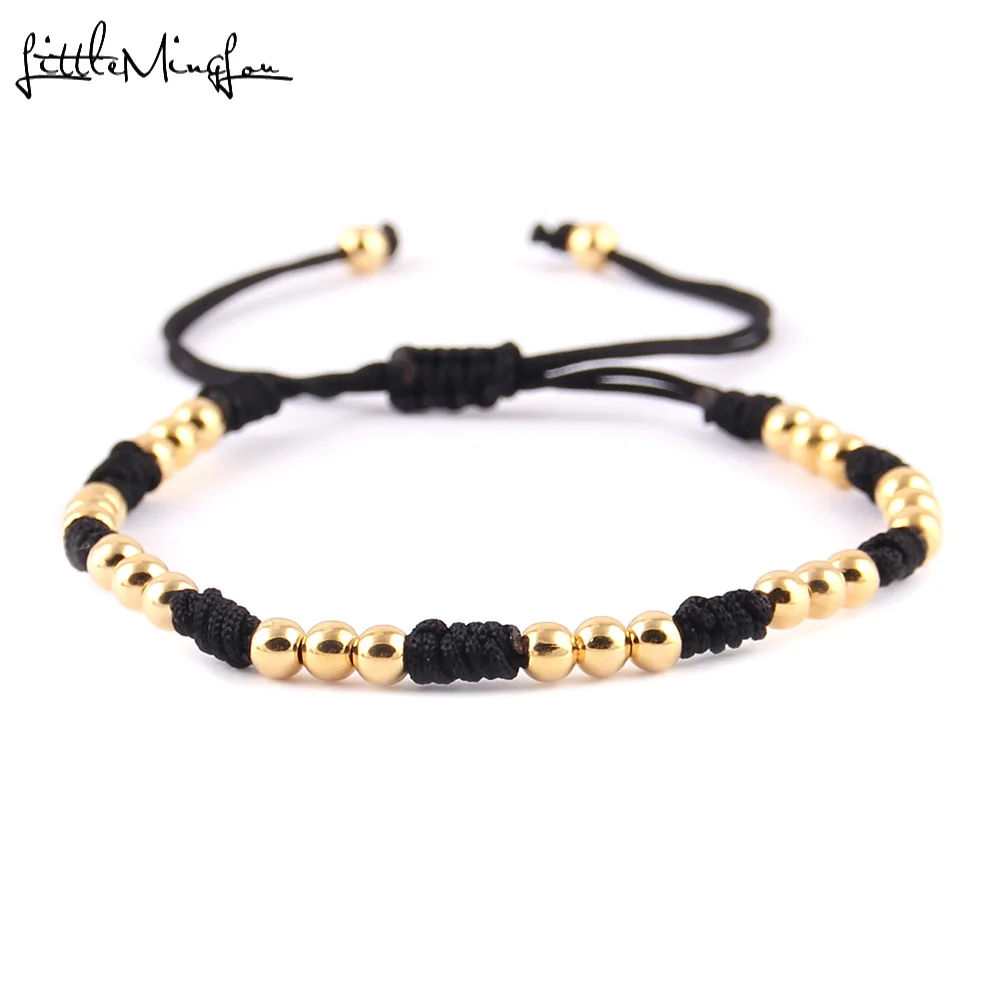 Little MingLou New Arrival 4mm Gold Color Copper Beads Braided Macrame Men Bracelets & Bangles For Women Jewelry