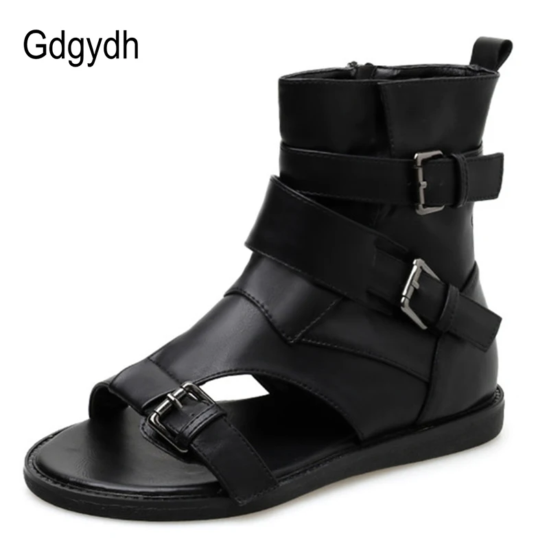 Gdgydh Belt Buckle Women Vintage Gladiator Sandals Lady Beach Shoes Leather Flat Summer Bandage Black Solid Open Toe Ankle Wrap