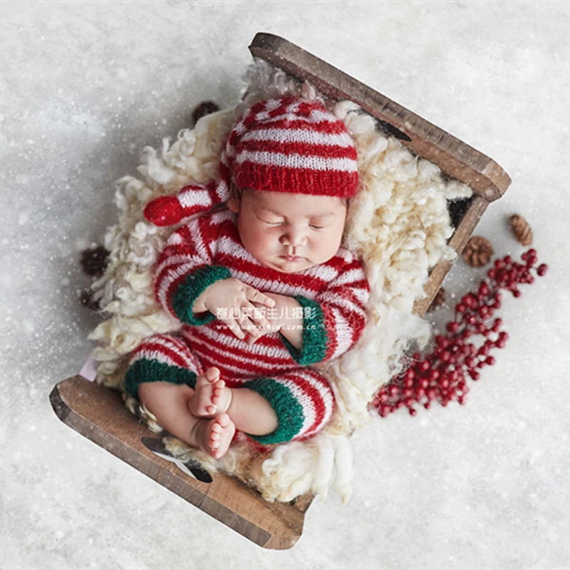 

knit sleep hat footed romper set furry pom newborn knit holiday set newborn photo prop stripes long tail sleepy cap