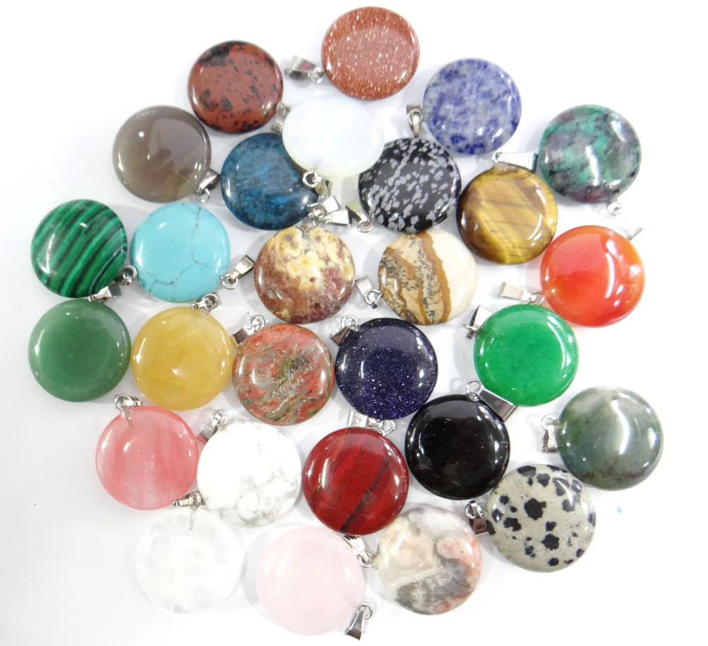 Wholesale Natural Stone Quartz Crystal tiger eye Unakite Mix Onyx Charms Round cake Pendants For Jewelry Making necklace 12PC