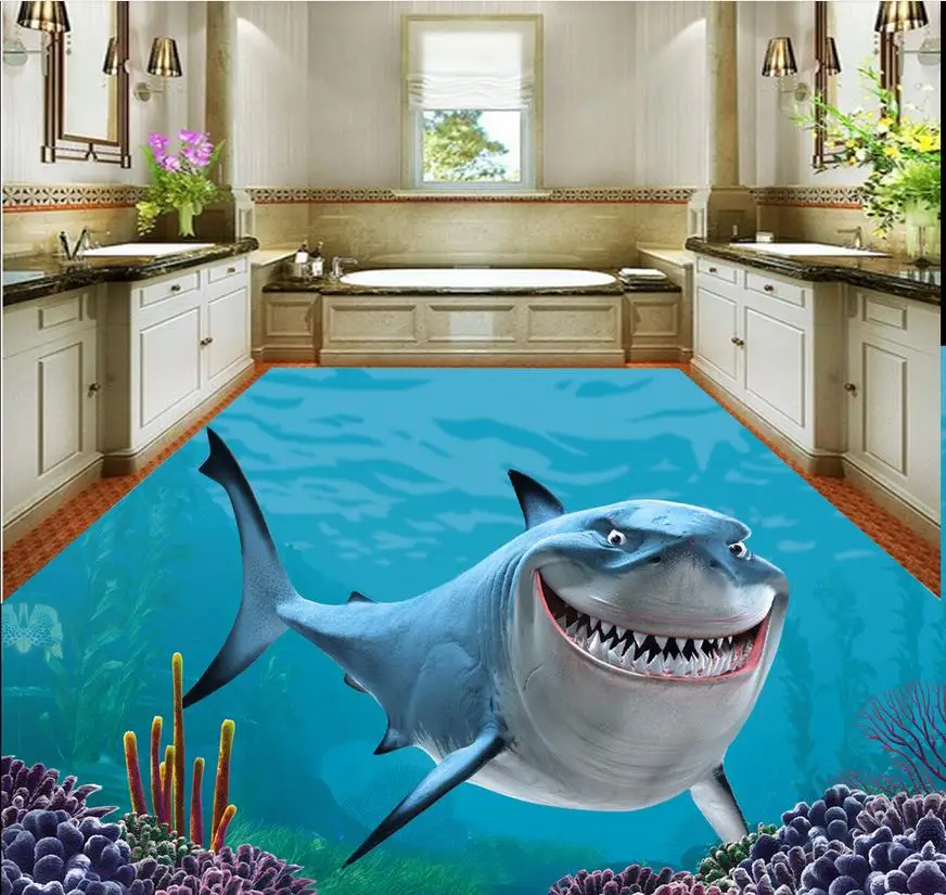 

Home Decoration 3d flooring 3D Stereo Sea World Shark Floor Painting pvc wallpaper 3d wallpaper for floor