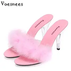 Shoe Woman Slides Slippers 2019 Transparent Crystal  Heels 10cm Weddings Shoe  Sexy Big Yards Interest maomao Slipper