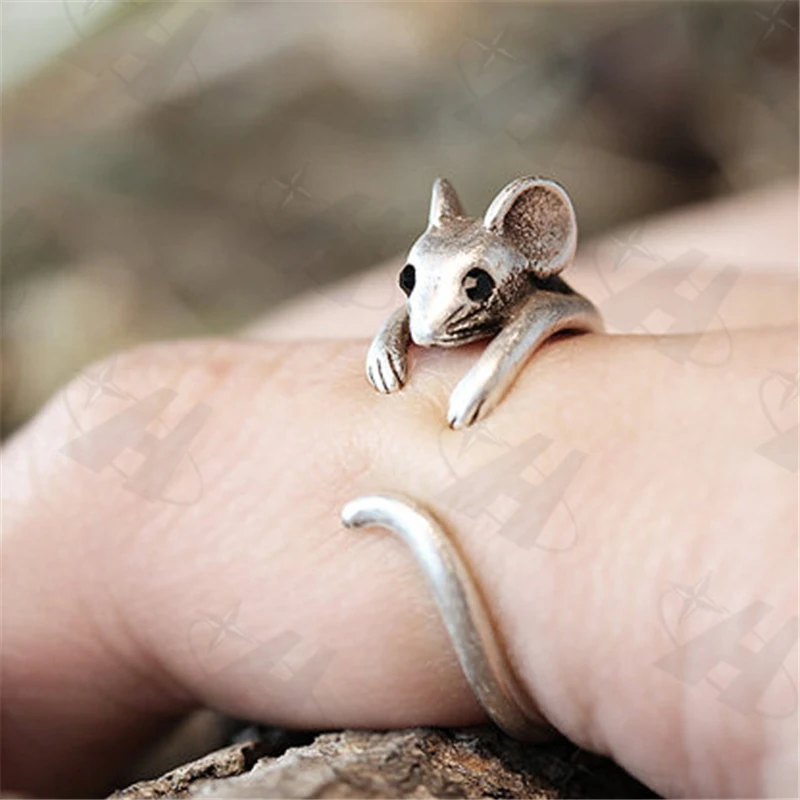 Mouse Rings Women's Girl's Retro Burnished Rat Animal Rings Vintage Jewelry Adjustable Free Size Ring Black Crystal Gift Idea