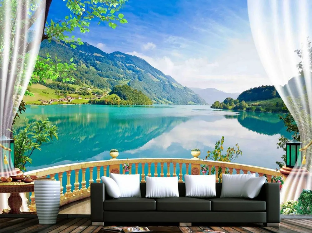 

3d wallpaper nature Balcony blue forest lake Photo wallpaper custom wallpaper TV setting wall of sitting room sofa