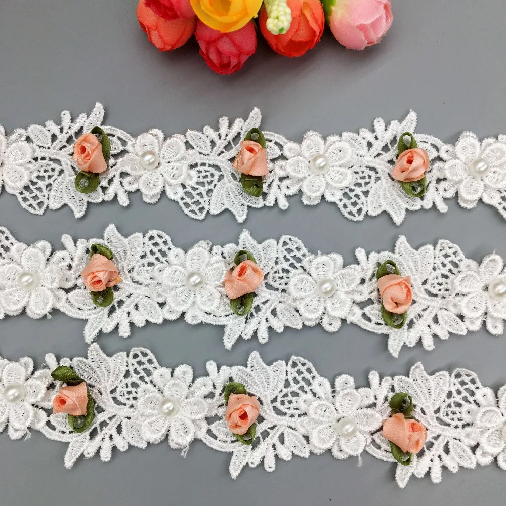 

50Pcs Soluble Polyester Pearl Flower Lace Trim Embroidered Ribbon Fabric Handmade Wedding Dress Applique Sewing Craft