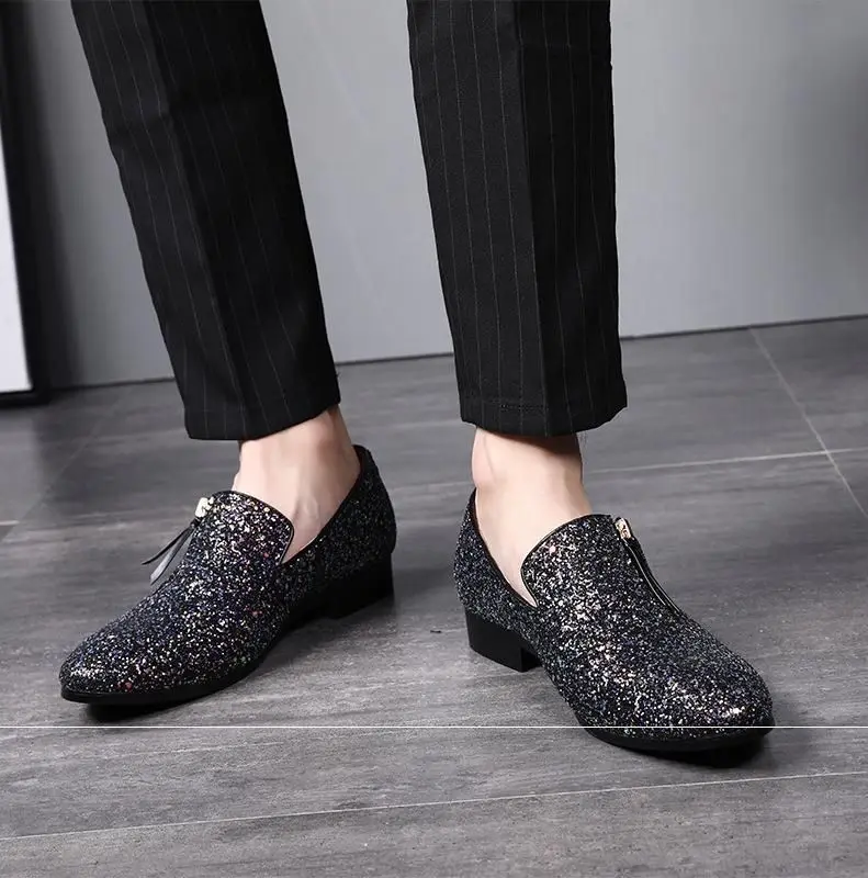 

Male Fashion Men Loafer New Handmade Retro Zipper Casual Shoes Mens Moccasins For Men Glitter Leather Flat Boat Shoes