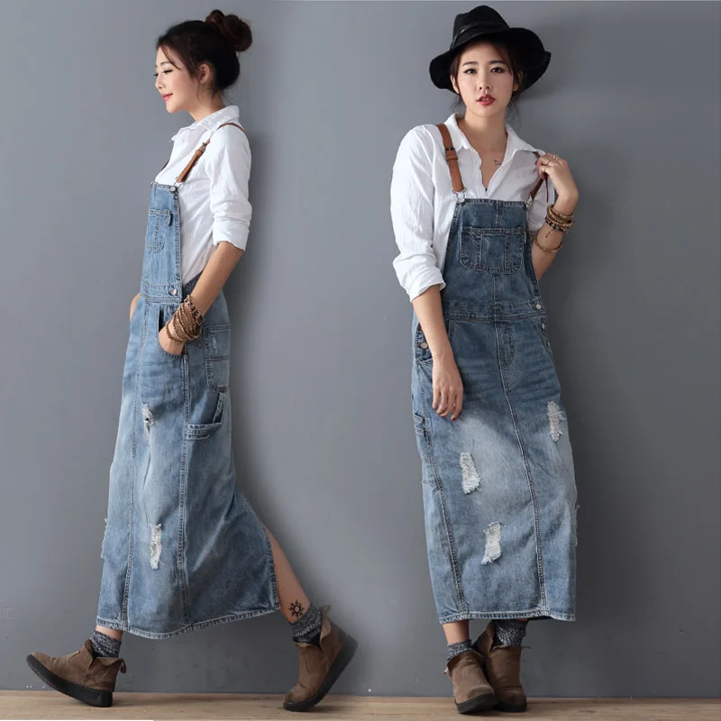 Fashion Maxi Denim Dress Summer Ladies Suspenders Holes Jean Dresses Female Loose Bib Blue cowboy Long Dress 8075