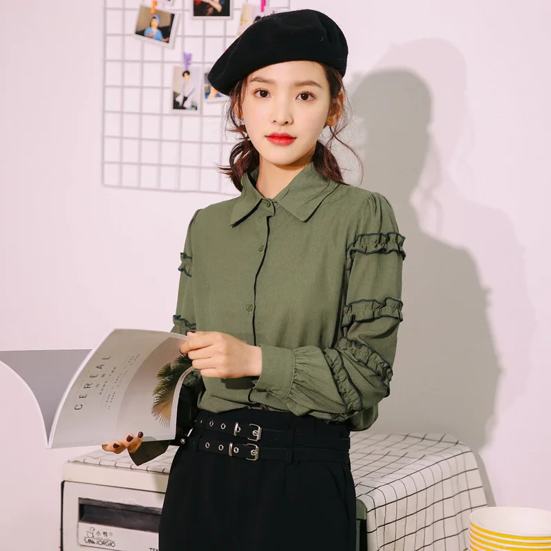 Spring New Green Chiffon Shirt Women Korean Temperament Chic Long Sleeve Blouse Girl Loose Solid Color Preppy Style Top H9169