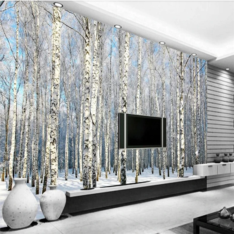 

beibehang Modern minimalist birch snow scenery TV sofa background wall custom large mural green wallpaper papel de parede