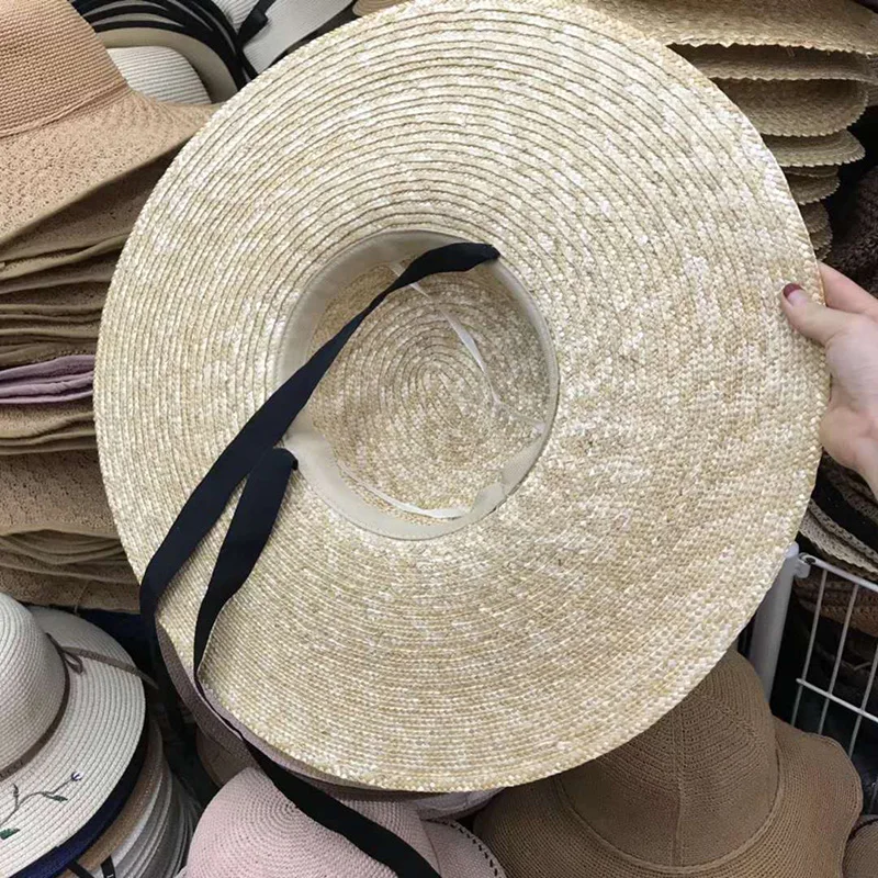 Sombrero de paja de trigo Natural para mujer, Sombrero con lazo de cinta de 15cm, de ala ancha, protección UV, para playa, Verano